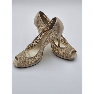 Adrianna Papell Womens Foxy Gold Crystal Peep-Toe Pumps Leather 9M Prom Wedding